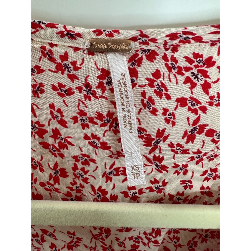 Free People One Fine Day Mini Dress Red Cream Ditsy Floral Pintuck XS Oversized - Picture 11 of 15